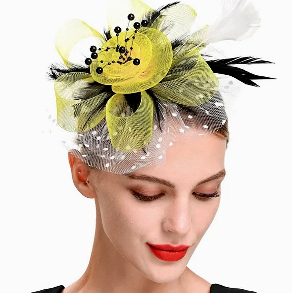 Beautiful Black Yellow Dotted 3pç Fascinator Clip Headband Derby Tea Cocktails